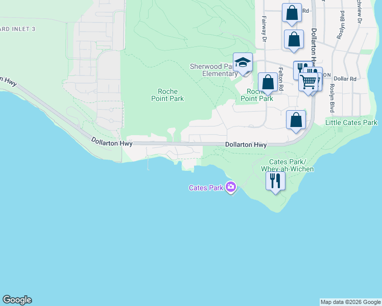 map of restaurants, bars, coffee shops, grocery stores, and more near 3881 Cates Landing Way in North Vancouver