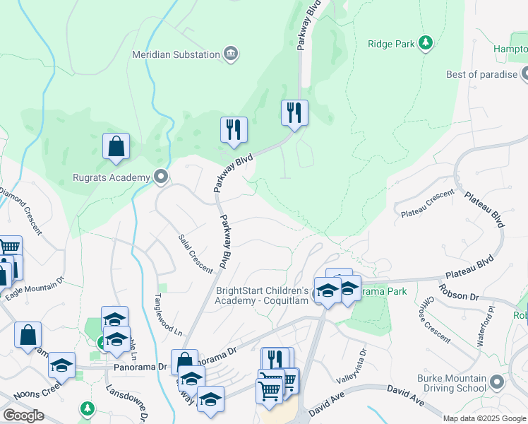 map of restaurants, bars, coffee shops, grocery stores, and more near 2971 Forestridge Place in Coquitlam