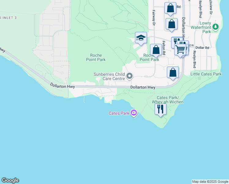 map of restaurants, bars, coffee shops, grocery stores, and more near 3887 Cates Landing Way in North Vancouver