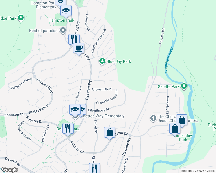 map of restaurants, bars, coffee shops, grocery stores, and more near 3179 Arrowsmith Place in Coquitlam