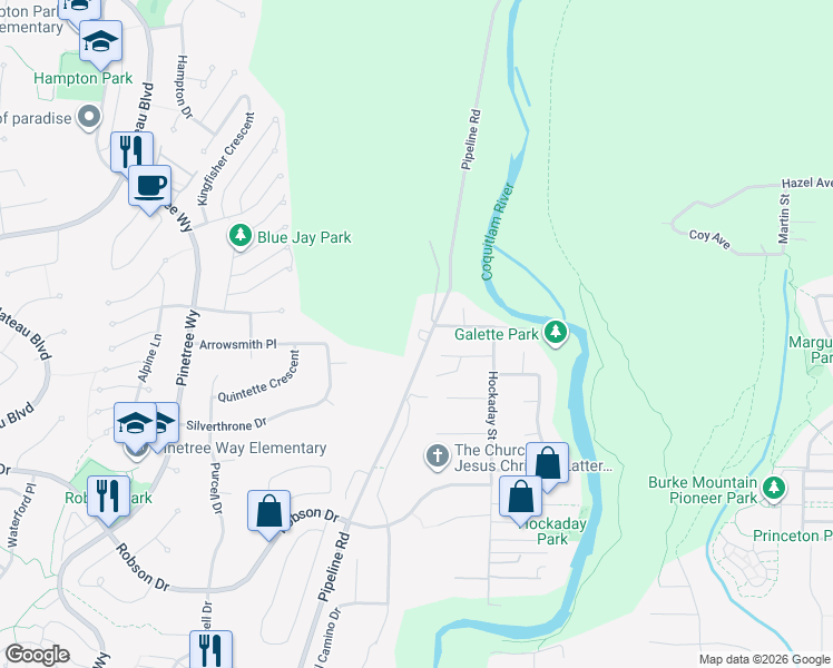 map of restaurants, bars, coffee shops, grocery stores, and more near 1472 Pipeline Road in Coquitlam