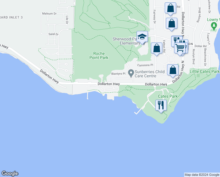map of restaurants, bars, coffee shops, grocery stores, and more near 3873 Cates Landing Way in North Vancouver