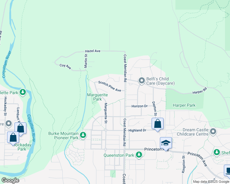 map of restaurants, bars, coffee shops, grocery stores, and more near 3378 Scotch Pine Avenue in Coquitlam