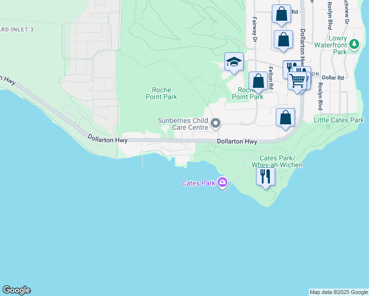 map of restaurants, bars, coffee shops, grocery stores, and more near 3887 Cates Landing Way in North Vancouver