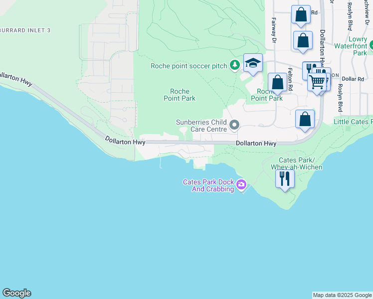 map of restaurants, bars, coffee shops, grocery stores, and more near 3825 Cates Landing Way in North Vancouver