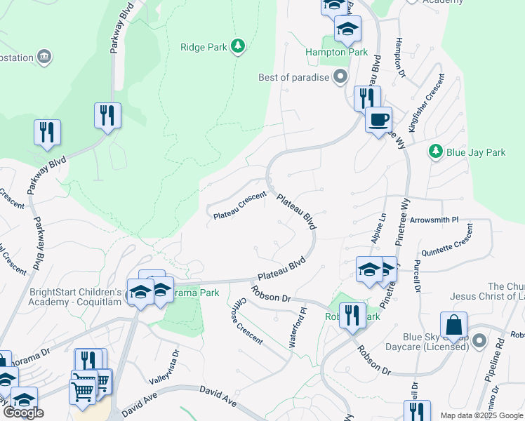 map of restaurants, bars, coffee shops, grocery stores, and more near 1590 Plateau Crescent in Coquitlam