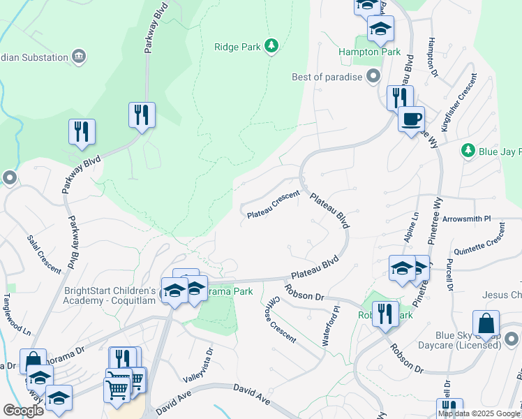 map of restaurants, bars, coffee shops, grocery stores, and more near 1625 Plateau Crescent in Coquitlam