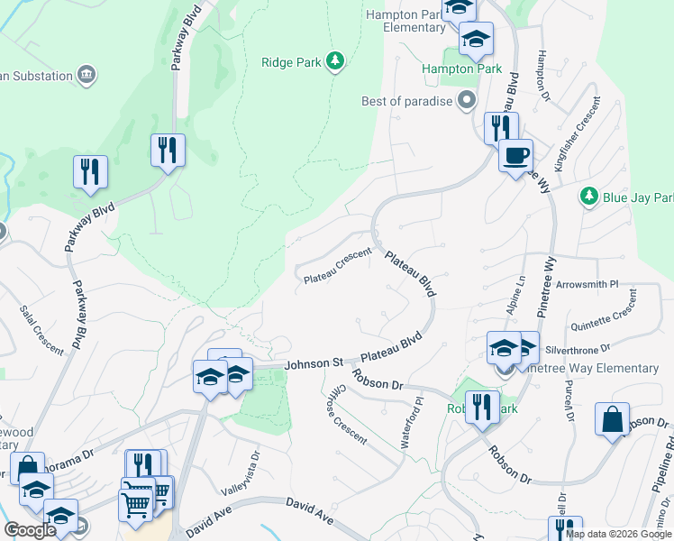 map of restaurants, bars, coffee shops, grocery stores, and more near 1612 Plateau Crescent in Coquitlam