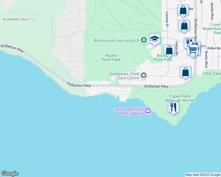 map of restaurants, bars, coffee shops, grocery stores, and more near 3825 Dollarton Highway in North Vancouver