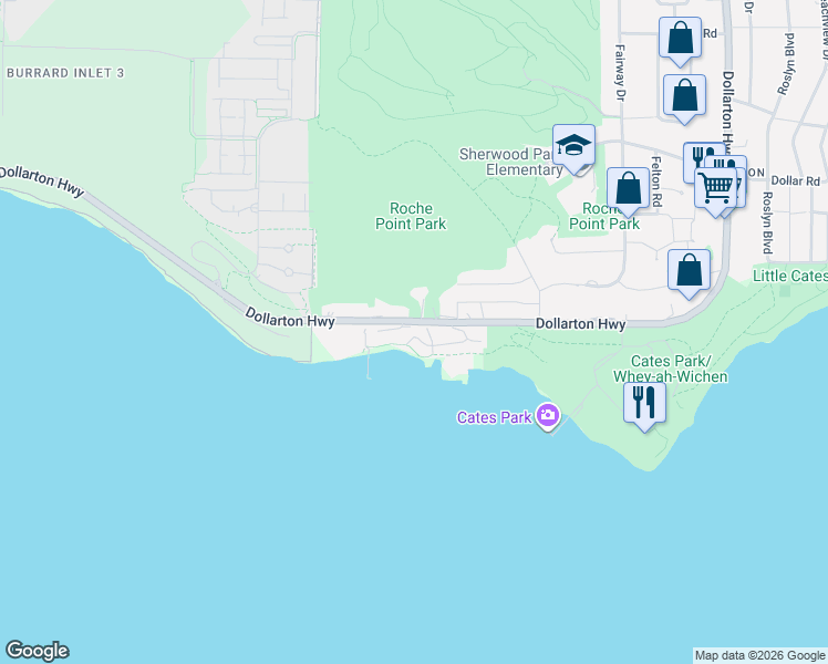map of restaurants, bars, coffee shops, grocery stores, and more near 3825 Cates Landing Way in North Vancouver