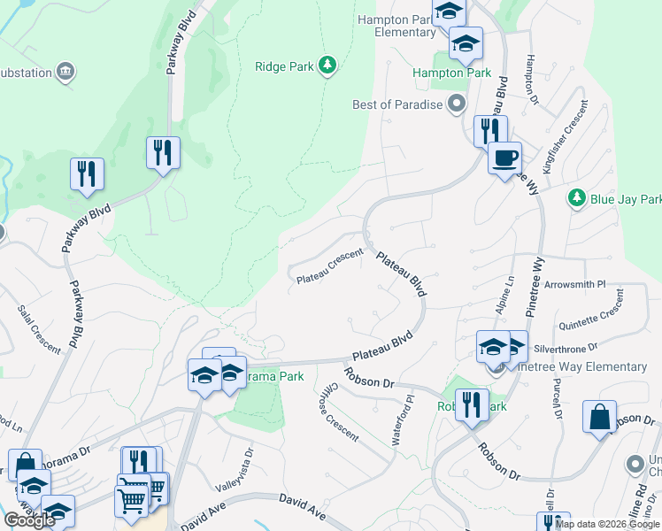 map of restaurants, bars, coffee shops, grocery stores, and more near Plateau Crescent in Coquitlam