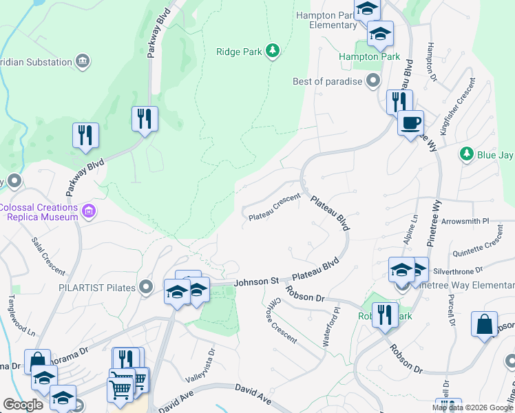 map of restaurants, bars, coffee shops, grocery stores, and more near 1668 Plateau Crescent in Coquitlam