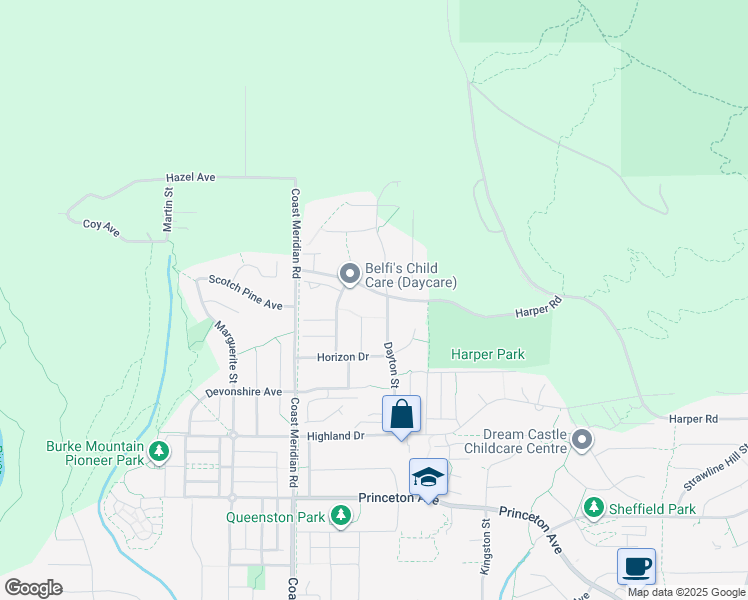 map of restaurants, bars, coffee shops, grocery stores, and more near 3410 Harper Road in Coquitlam