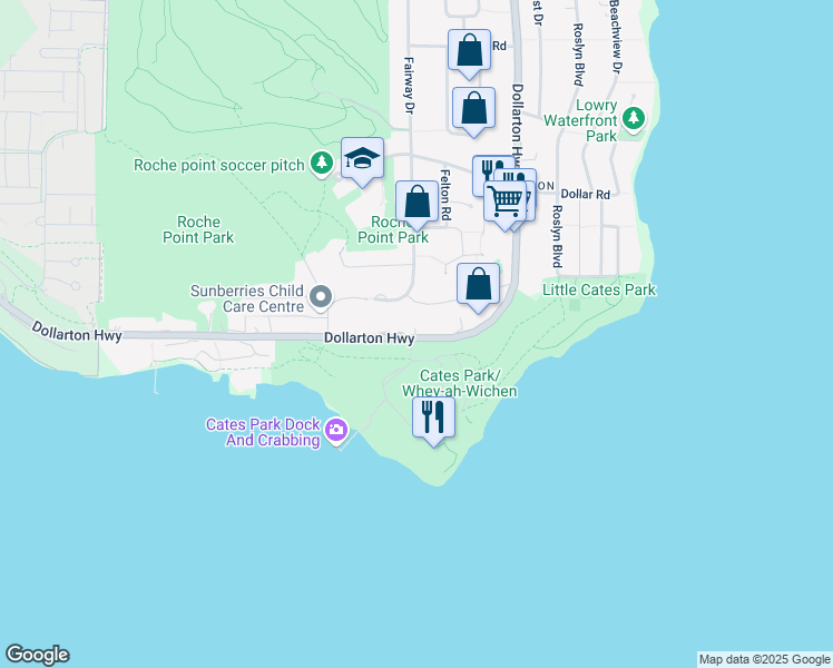 map of restaurants, bars, coffee shops, grocery stores, and more near 4150 Dollarton Highway in North Vancouver
