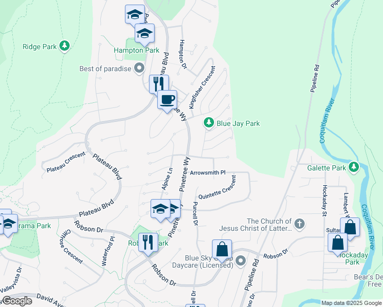 map of restaurants, bars, coffee shops, grocery stores, and more near 1601 Pinetree Way in Coquitlam
