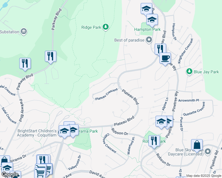 map of restaurants, bars, coffee shops, grocery stores, and more near 1601 Plateau Crescent in Coquitlam