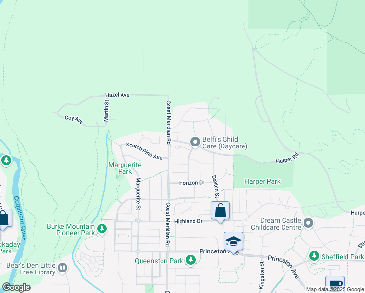 map of restaurants, bars, coffee shops, grocery stores, and more near 3413 Harper Road in Coquitlam