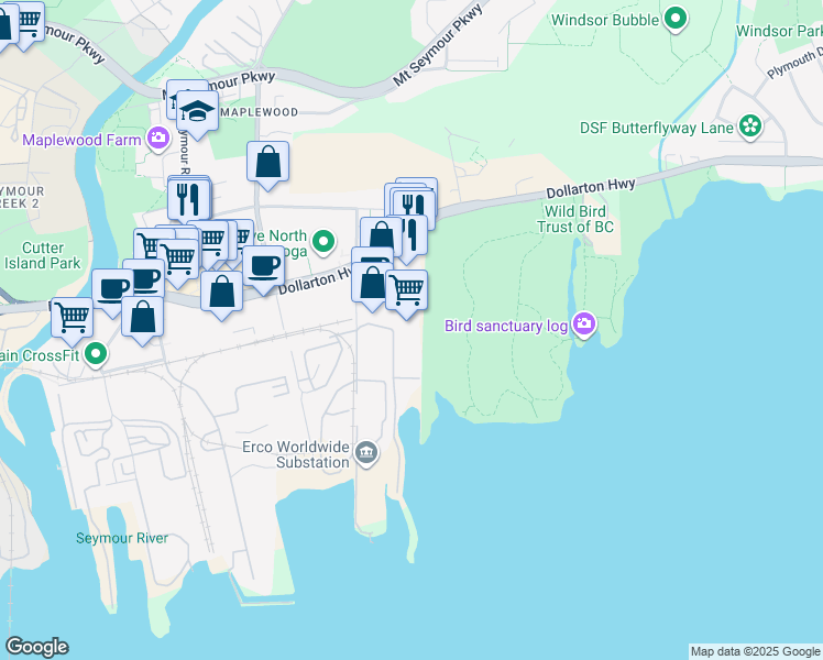 map of restaurants, bars, coffee shops, grocery stores, and more near in North Vancouver