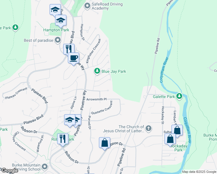 map of restaurants, bars, coffee shops, grocery stores, and more near 3095 Cardinal Court in Coquitlam