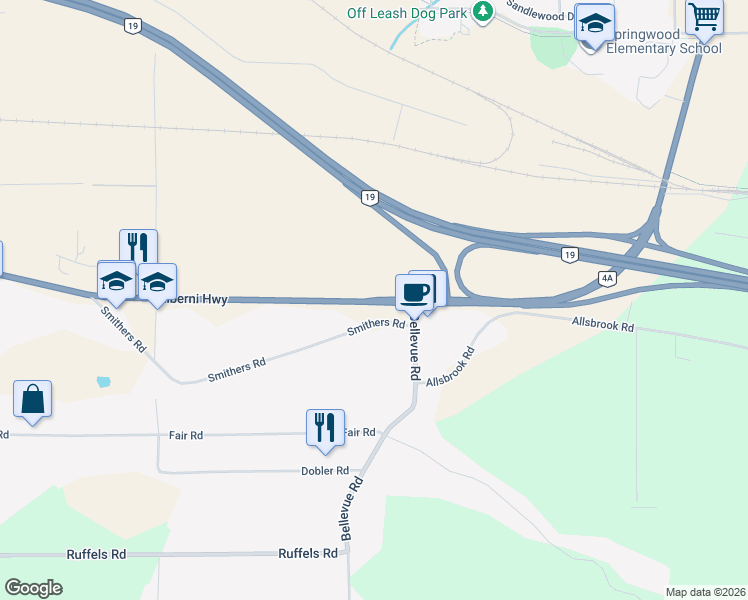 map of restaurants, bars, coffee shops, grocery stores, and more near Alberni Highway in Parksville