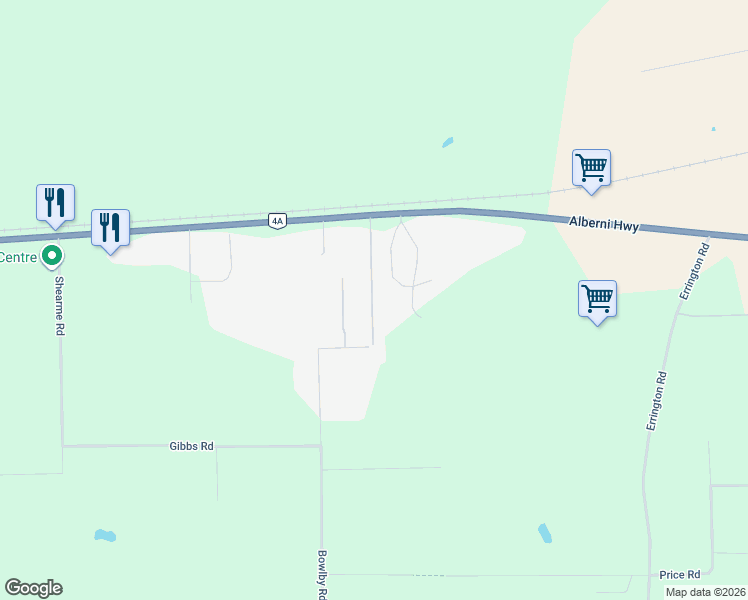map of restaurants, bars, coffee shops, grocery stores, and more near 1714 Alberni Highway in Errington