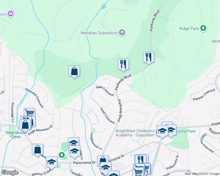 map of restaurants, bars, coffee shops, grocery stores, and more near 1603 Sundew Place in Coquitlam