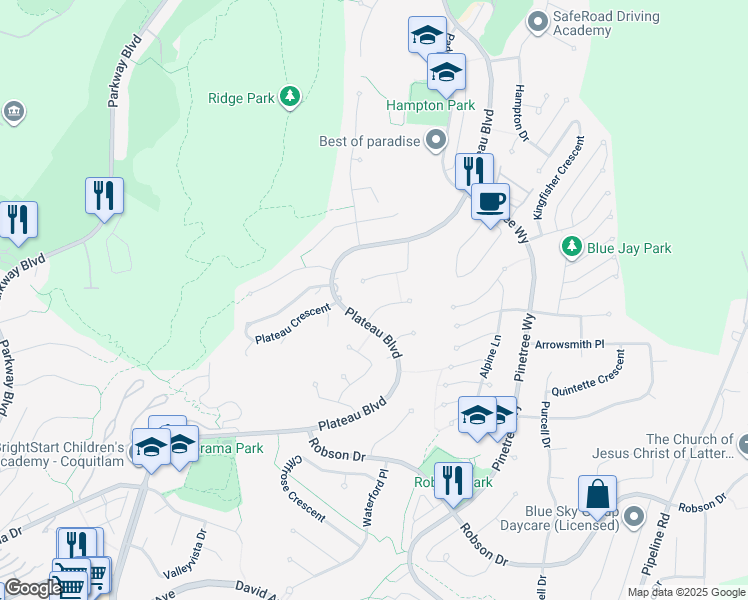 map of restaurants, bars, coffee shops, grocery stores, and more near 3065 Yellowcedar Place in Coquitlam