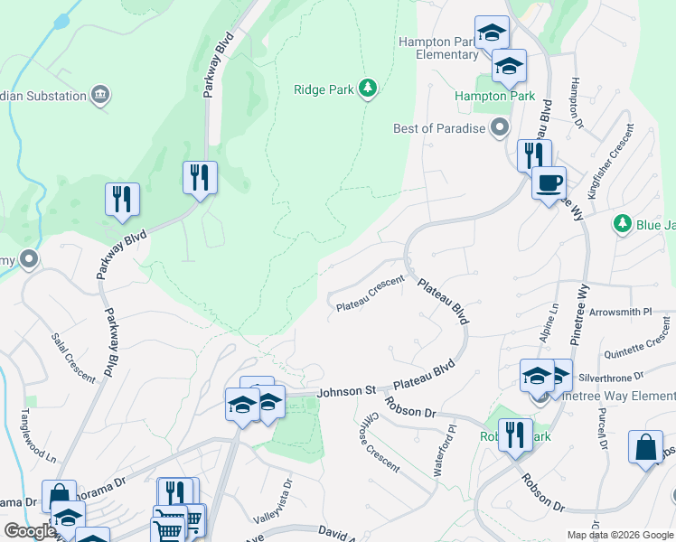 map of restaurants, bars, coffee shops, grocery stores, and more near 3010 Maplewood Court in Coquitlam