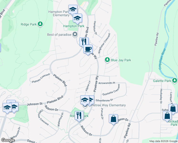 map of restaurants, bars, coffee shops, grocery stores, and more near 2966 Blackbear Court in Coquitlam
