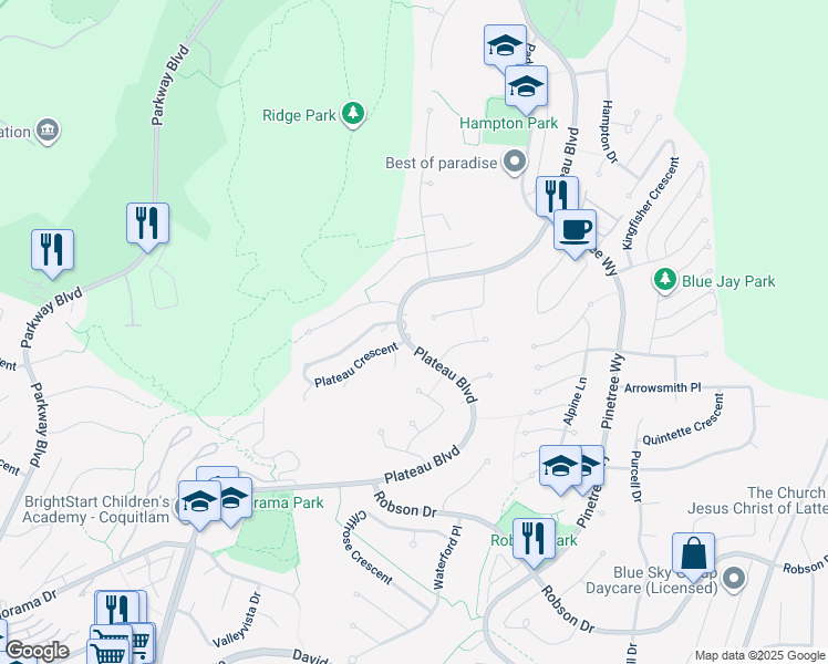 map of restaurants, bars, coffee shops, grocery stores, and more near 3063 Plateau Boulevard in Coquitlam