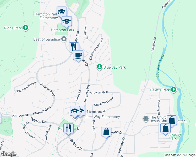 map of restaurants, bars, coffee shops, grocery stores, and more near 3060 Wren Place in Coquitlam