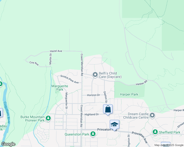 map of restaurants, bars, coffee shops, grocery stores, and more near 3413 Harper Road in Coquitlam