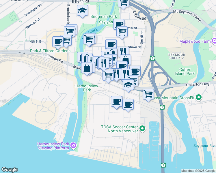 map of restaurants, bars, coffee shops, grocery stores, and more near 177 Harbour Avenue in North Vancouver