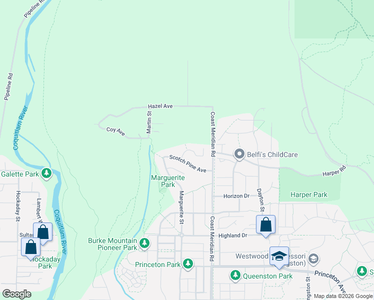 map of restaurants, bars, coffee shops, grocery stores, and more near 1475 Copper Beech Place in Coquitlam