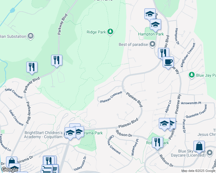 map of restaurants, bars, coffee shops, grocery stores, and more near 3028 Maplewood Court in Coquitlam