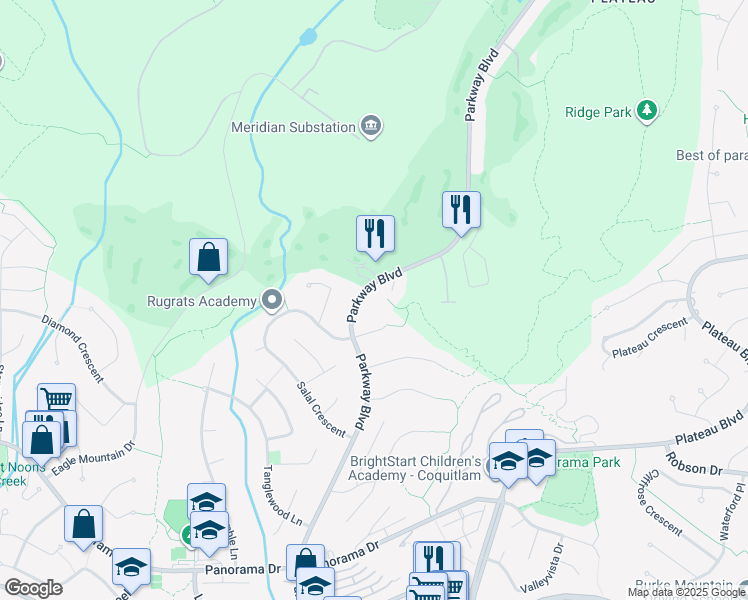 map of restaurants, bars, coffee shops, grocery stores, and more near 1625 Parkway Boulevard in Coquitlam