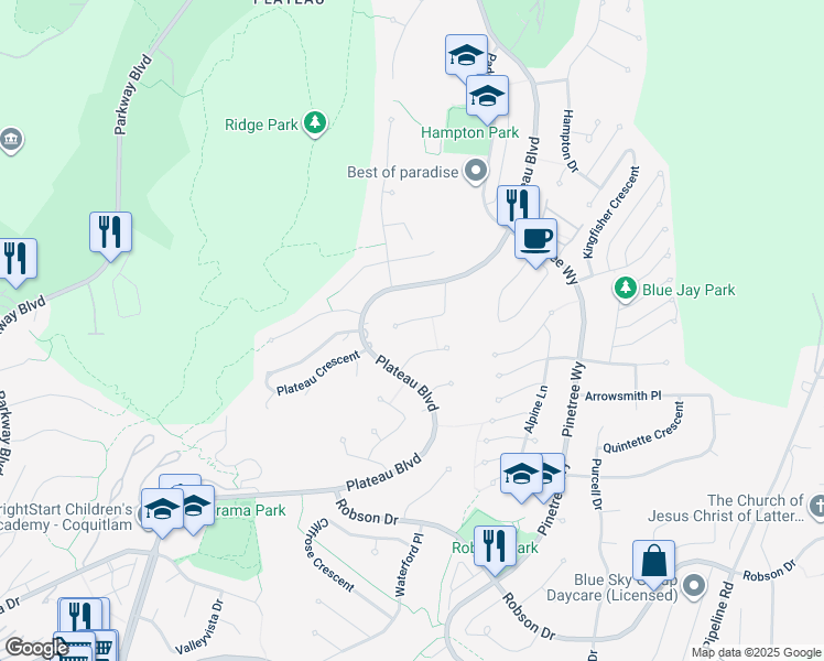 map of restaurants, bars, coffee shops, grocery stores, and more near 3062 Timber Court in Coquitlam