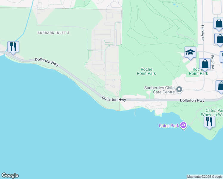 map of restaurants, bars, coffee shops, grocery stores, and more near 3629 Deercrest Drive in North Vancouver