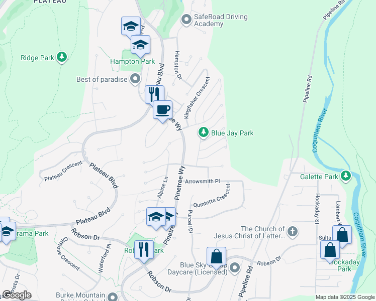 map of restaurants, bars, coffee shops, grocery stores, and more near 1619 Pinetree Way in Coquitlam