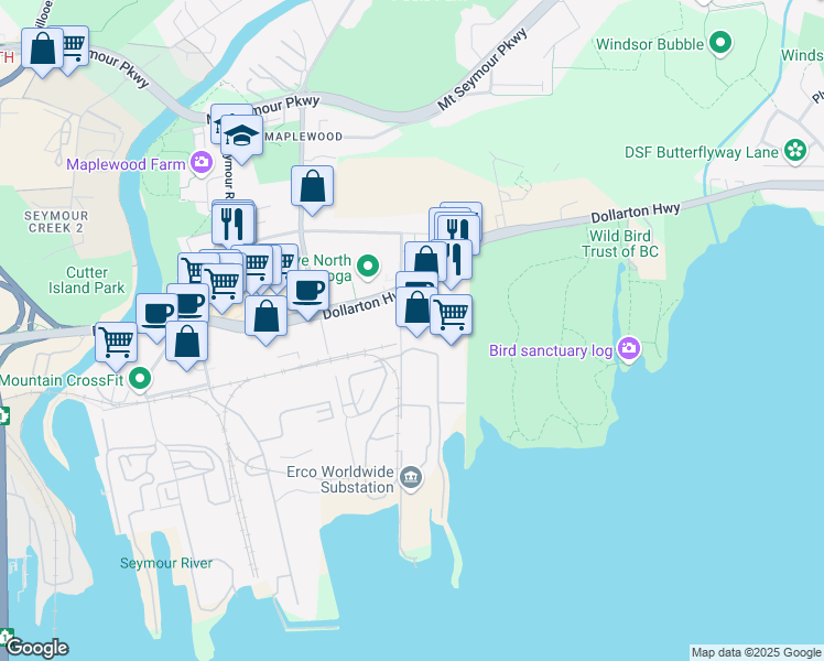 map of restaurants, bars, coffee shops, grocery stores, and more near 102 Forester Street in North Vancouver