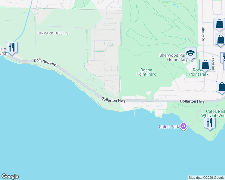 map of restaurants, bars, coffee shops, grocery stores, and more near 3629 Deercrest Drive in North Vancouver