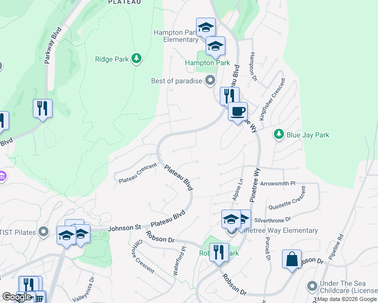 map of restaurants, bars, coffee shops, grocery stores, and more near 3070 Timber Court in Coquitlam