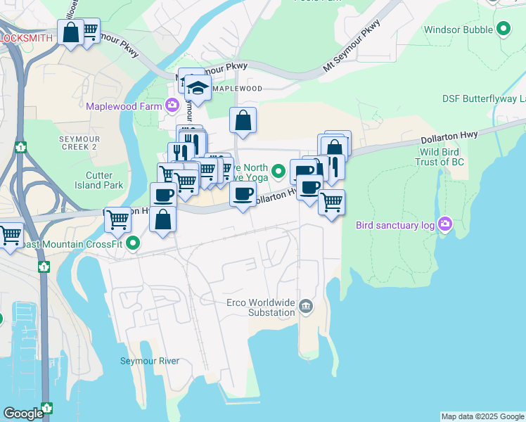 map of restaurants, bars, coffee shops, grocery stores, and more near 2255 Dollarton Highway in North Vancouver