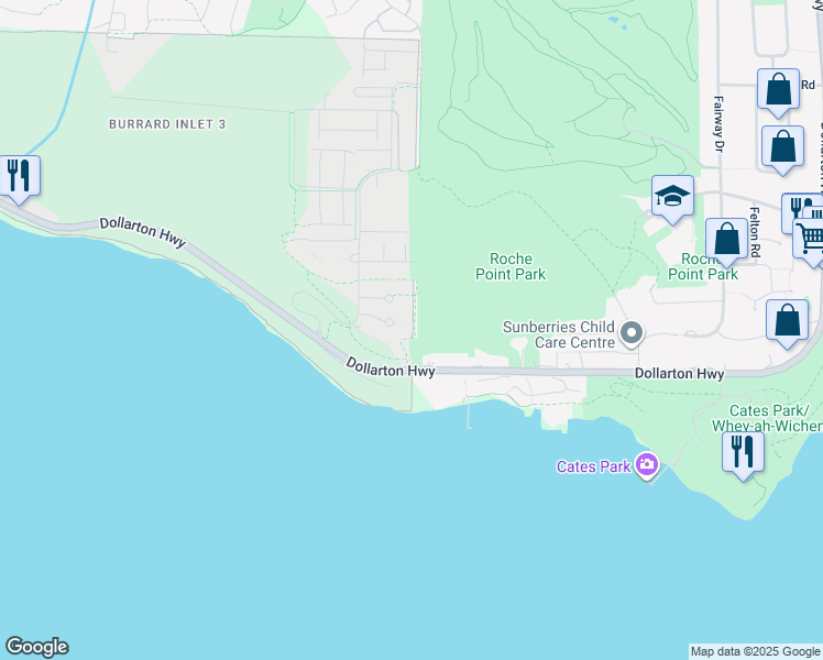 map of restaurants, bars, coffee shops, grocery stores, and more near 3629 Deercrest Drive in North Vancouver