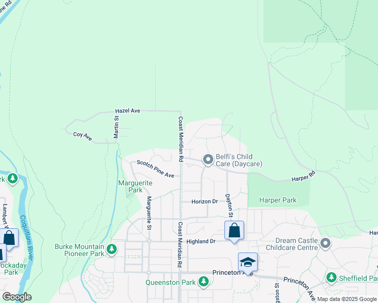 map of restaurants, bars, coffee shops, grocery stores, and more near 3409 Harper Road in Coquitlam