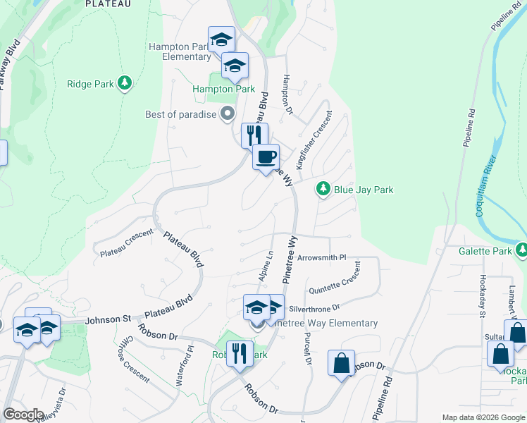 map of restaurants, bars, coffee shops, grocery stores, and more near 2969 Blackbear Court in Coquitlam