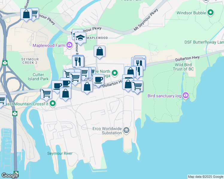 map of restaurants, bars, coffee shops, grocery stores, and more near 2255 Dollarton Highway in North Vancouver