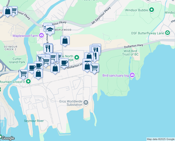 map of restaurants, bars, coffee shops, grocery stores, and more near 102 Forester Street in North Vancouver