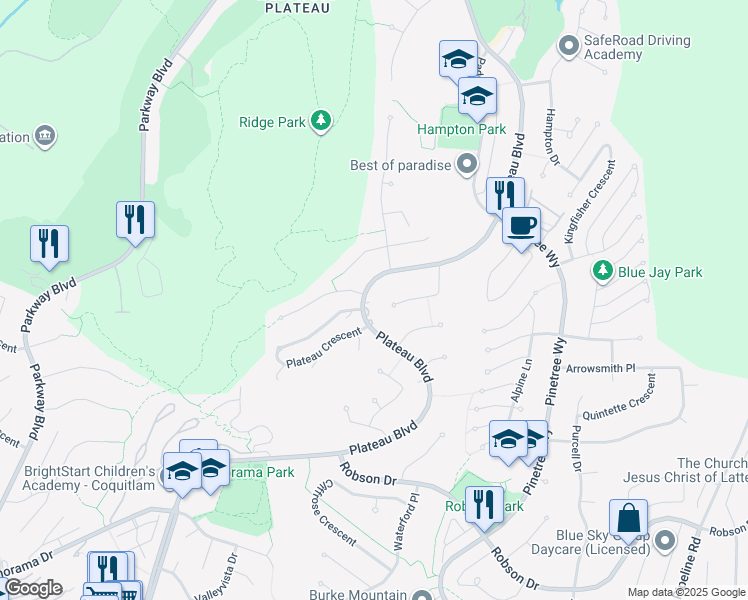 map of restaurants, bars, coffee shops, grocery stores, and more near 3067 Plateau Boulevard in Coquitlam