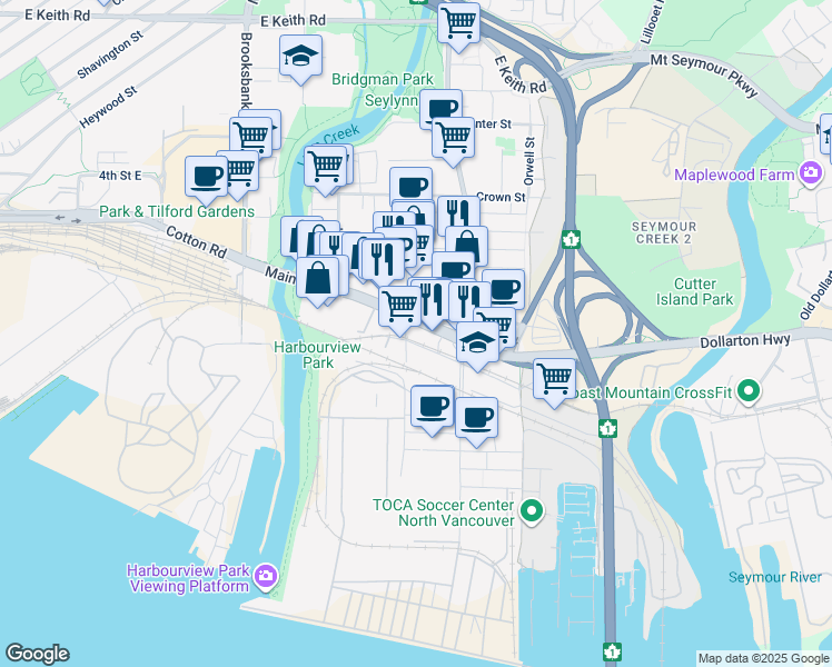 map of restaurants, bars, coffee shops, grocery stores, and more near 177 Harbour Avenue in North Vancouver